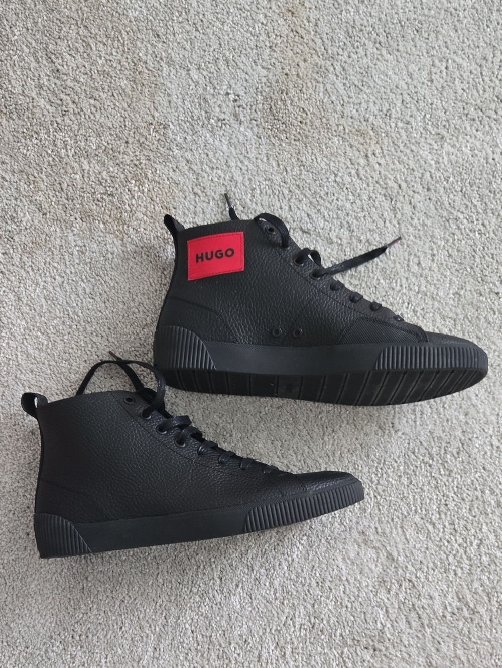 HUGO Black High-Top Sneakers with Red Logo Patch